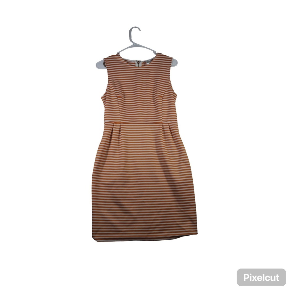 Esley Shift Dress Womens M Orange White Striped Pleated Sleeveless Round Neck